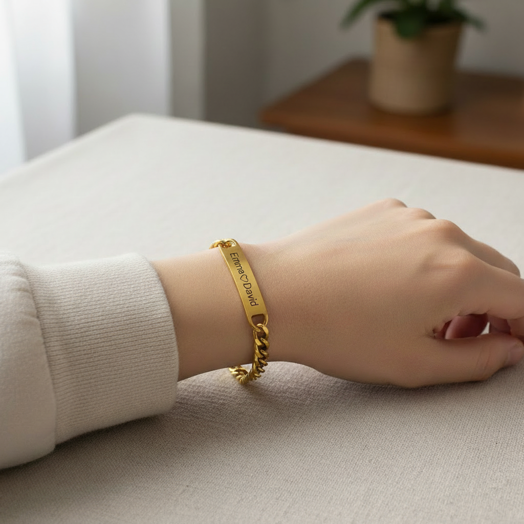 Bracelet photo personnalisable en acier inoxydable – Gravure prénom, date ou image